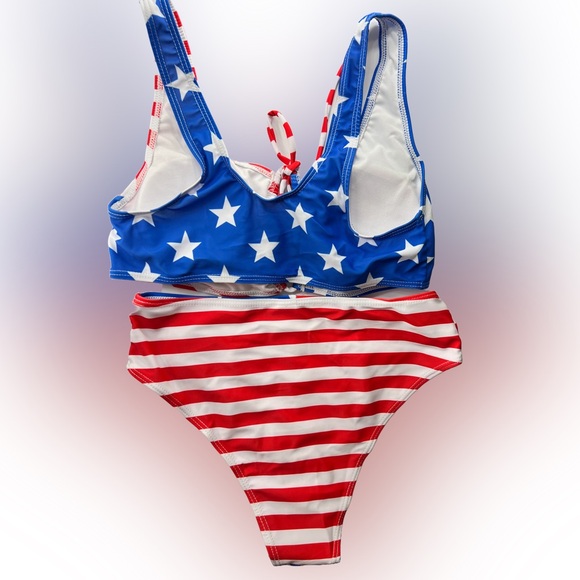 American Flag Stars Stripes Tie Front High Waisted Bikini Set - Picture 4 of 11